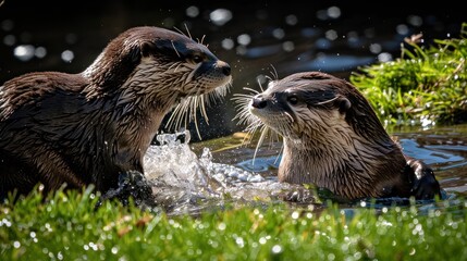 Two Playful Otters Swimming in Water with Green Grass and Sunlight Reflecting Off Surface