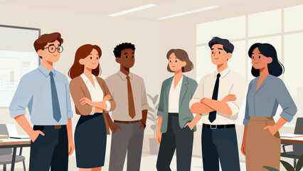 Obraz premium A group of people are standing in a room, some of them wearing ties. They are all smiling and looking at the camera. Scene is friendly and professional