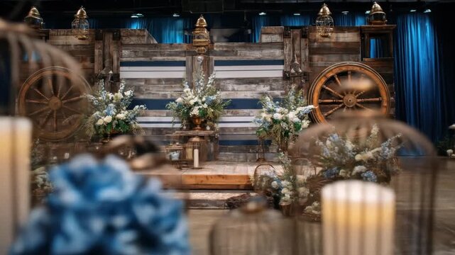Rustic stage design with wooden accents, wagon wheels, and floral arrangements