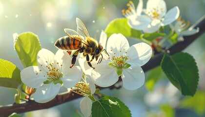 A honeybee, adorned in brown and black stripes, alights on delicate white blossoms. Sunlight softly glows through the scene