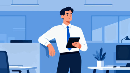 A man in a white shirt and blue pants is standing in front of a desk with a tablet in his hand