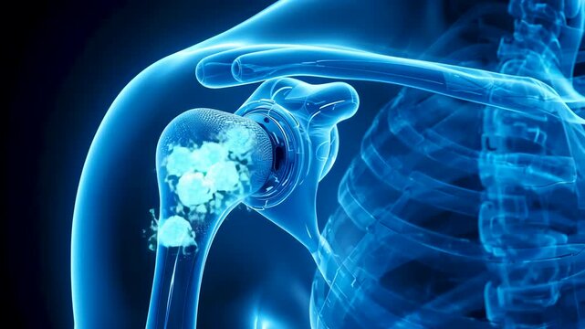 Transparent blue xray view of human shoulder joint showing bones and connective structure