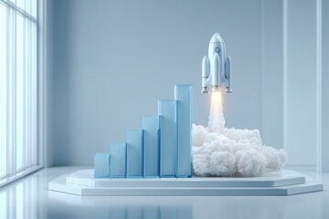 Rocket launching from a growing bar chart symbolizing business growth and success