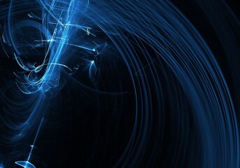 Circular Blue Motion Arcs – Abstract Fractal Trails of Light Spinning Around Central Beam, Creating a Futuristic Kinetic Halo in the Depths of Digital Space   © Marina