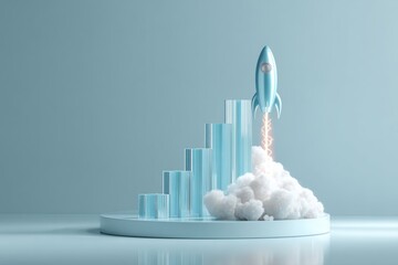 3D illustration of a blue rocket launching into the sky with clouds and bars graph on a light blue background for business growth concept