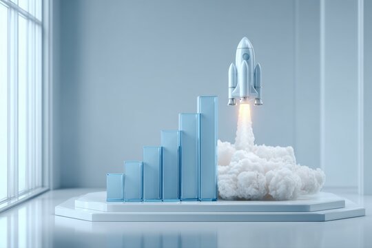 Rocket launching from a growing bar chart symbolizing business growth and success - Powered by Adobe