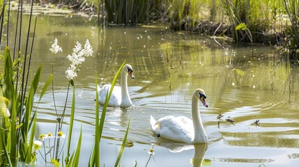 Two White Swans Swimming in Calm Pond Surrounded by Green Vegetation and Flowers