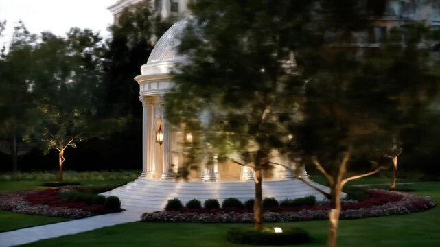 A classical rotunda with a detailed dome, columns, and lanterns, surrounded by a manicured garden