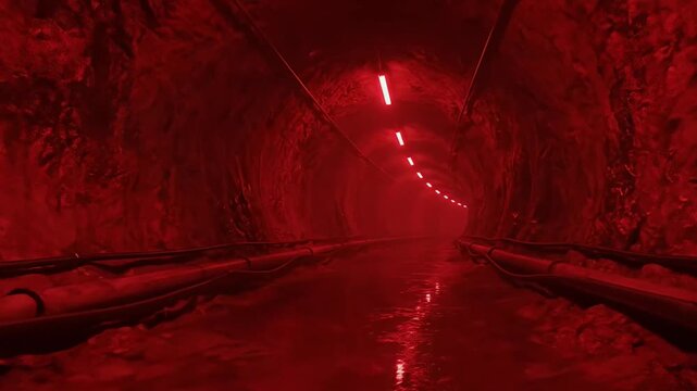 An atmospheric, dark, and cavernous tunnel stretches into the distance, bathed in an intense, eerie red illumination. The rough, textured walls of the underground passage are lined with industrial pip