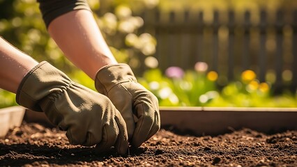 Gardener planting seeds in a sunny garden with gloves on
