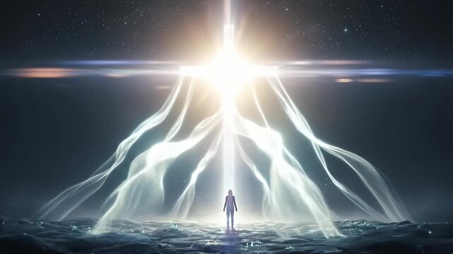 An awe-inspiring abstract animation depicts a solitary human silhouette standing on a mysterious, ethereal landscape under a vast, star-filled night sky. Above, an intensely radiant, cross-shaped ligh