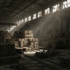 Sunlight streams through broken windows into a dusty, old industrial warehouse filled with stacked wooden crates and forgotten machinery.