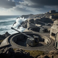 Coastal defense battery with large artillery guns overlooking a stormy sea and rocky coastline.