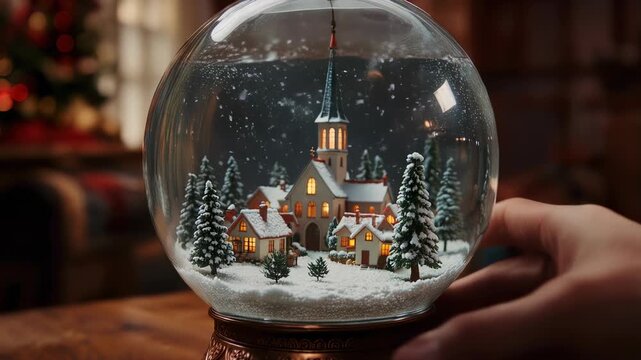 Hand holding a Christmas snow globe.