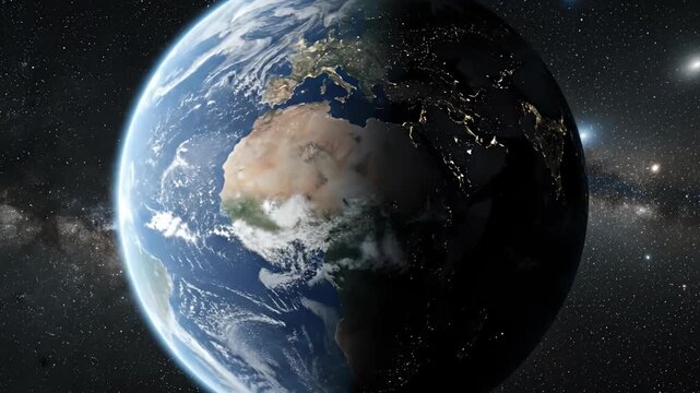 An awe-inspiring view of our vibrant planet Earth rotating slowly in the vast expanse of space. The stunning visuals showcase the delicate balance between day and night, with the terminator line grace