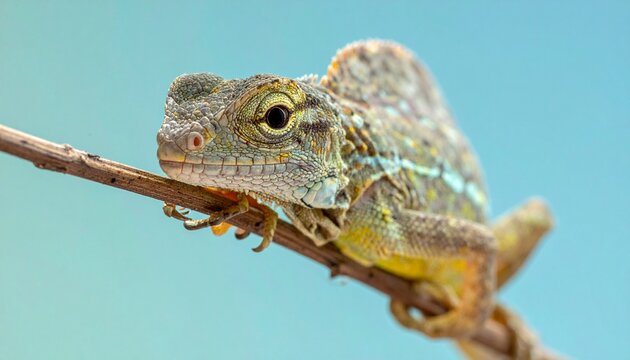 Close-up portrait of a green and brown Draco volans flying lizard perched on a thin brown branch against a soft blue background