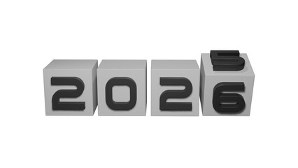 2025 to 2026 year change 3d illustration on transparent background, new year concept, new year greetings, black and white color  