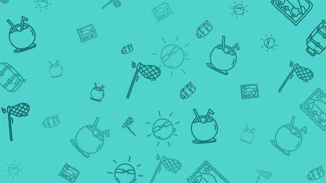 Turquoise background features light blue summer doodle icons perfect for social media posts, invitations, stationery, and website backgrounds.