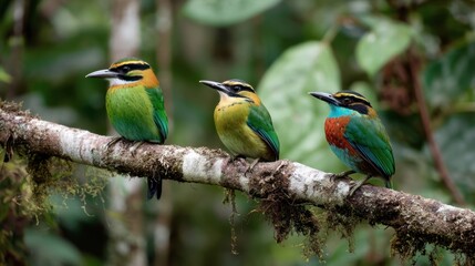 Fototapeta premium Three birds with bright colors sit on a branch in a lush forest. It is daytime and the sun shines through the leaves creating a vibrant setting.