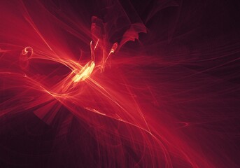Radiant scarlet phoenix bursting from the horizon, sweeping wings of light stretching outward as translucent plumes of fractal fire scatter embers across the vast abstract sky   © Marina