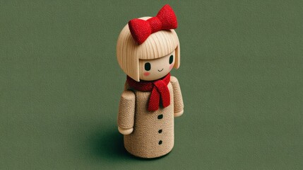 A wood-like doll with a red bow, scarf, and coat, on green