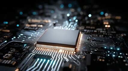 A close-up view of a microprocessor on a circuit board, showcasing intricate details. The image highlights the complexities of modern technology and the advancement of electronics. - Powered by Adobe