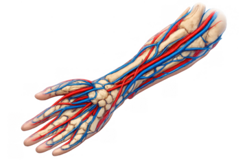 Human arm anatomy showing bones, arteries, and veins on a transparent background for medical science education