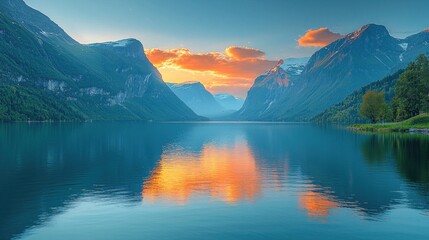 Serene mountain lake at sunset.  Tranquil reflection of fiery clouds on calm water, majestic peaks