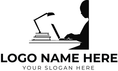 Study desk logo vector with person, laptop, books, and lamp for education, tutoring, or remote work branding
