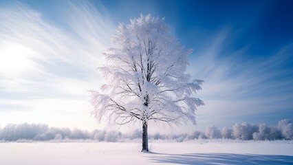 Serene winter landscape with snow covered tree under blue sky