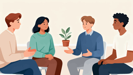 Obraz premium A group of people sitting together and one of them is holding a plant. Scene is friendly and relaxed