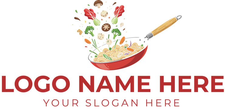 Frying pan logo vector with tossed vegetables, mushrooms, and herbs for cooking or restaurant branding