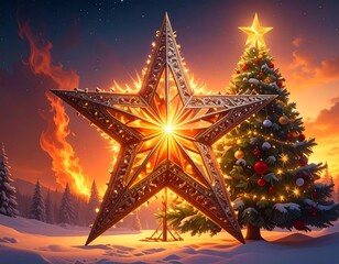 A large, radiant star decoration glows in front of a decorated evergreen tree on a snowy landscape at sunset