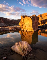 A large rectangular rock reflects in the still water of a desert pool at sunset, featuring a small grassy tuft
