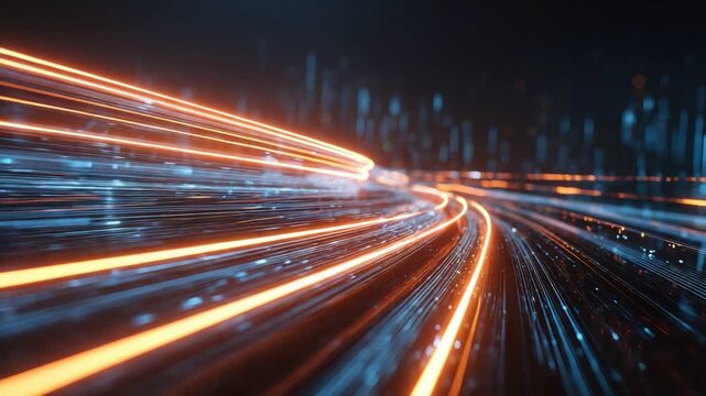A vibrant abstract representation of data flow illustrated with glowing lines of orange and blue, symbolizing speed and connectivity in the digital age.