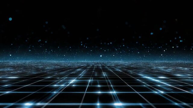A futuristic digital landscape with a glowing grid pattern extending into the horizon