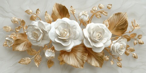 Elegant 3D wall art featuring white ceramic roses with golden metallic leaves on a subtle marble textured background.