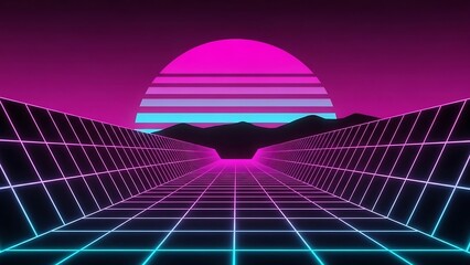Retro Futuristic Landscape with Neon Grid.