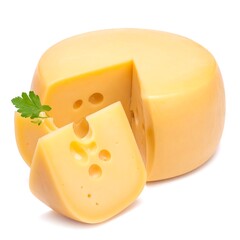 A large, round, pale yellow cheese wheel with a cut-out slice, some holes, and a sprig of green garnish