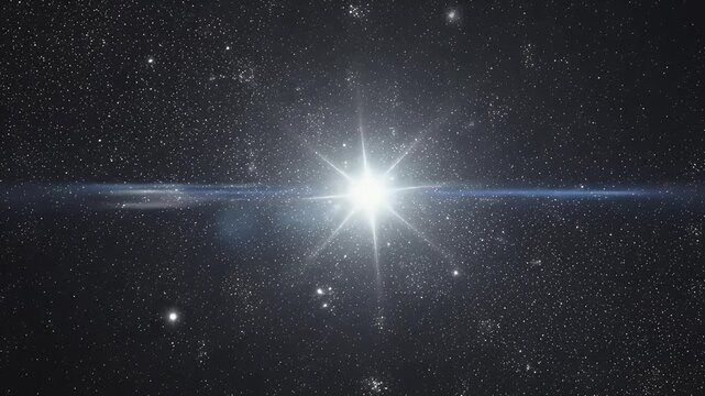 An ethereal and mesmerizing depiction of deep space, featuring a brilliant, radiant starburst effect emanating from a central luminous object. Thousands of sparkling stars twinkle against the dark cos