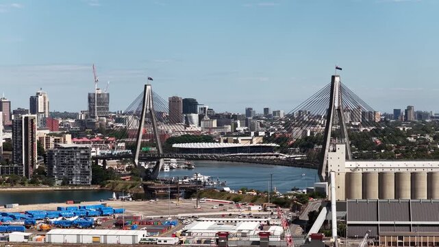 Sydney harbour Darling Harbour at Barrangaroo and Pyrmont from Balmain aerial view.