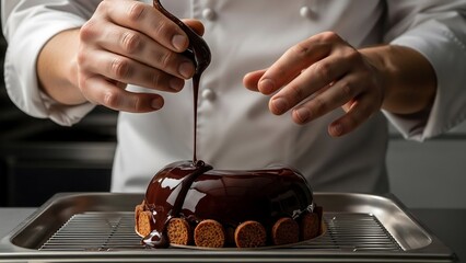 Male pastry chef glazing chocolate entremet with mirror glaze, dramatic pastry photography for luxury dessert branding and patisserie ads