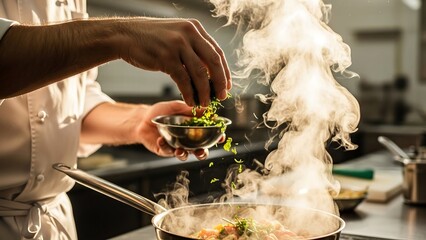 Professional male chef tossing fresh herbs into hot pan, cinematic cooking action photography for modern culinary branding