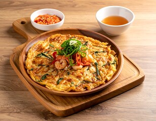 A large, round, savory pancake topped with shrimp, peppers, and green onions. It sits on a wooden plate with sauces on the side