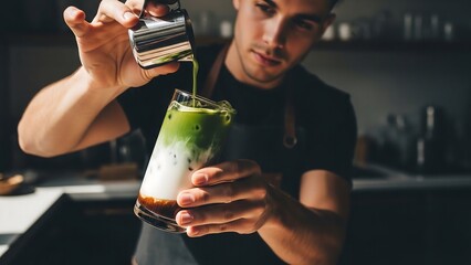 Male coffee shop worker preparing iced matcha espresso fusion in clear glass, layered drink formation, minimalist caf&eacute; background with moody daylight, modern beverage photography for trendy caf&eacute; marke
