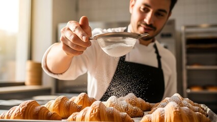 Male baker dusting powdered sugar over croissants, soft bakery photography for artisan pastry branding and food marketing