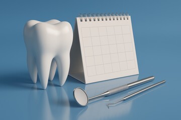 Dental health check concept with large tooth model and dental tools near blank calendar form showing patient appointment information for preventive care and medicine technology