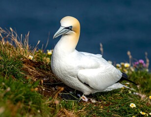 A large seabird with white plumage and a yellow head perches on a grassy cliffside overlooking a body of blue water