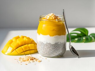 Chia pudding jar layered with mango puree and coconut milk, clean white background, food photography for wellness lifestyle branding and healthy stock imagery