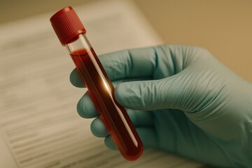 Naklejka premium Blood sample in test tube held by doctor wearing glove with patient information form in background showing health check and preventive care medicine technology